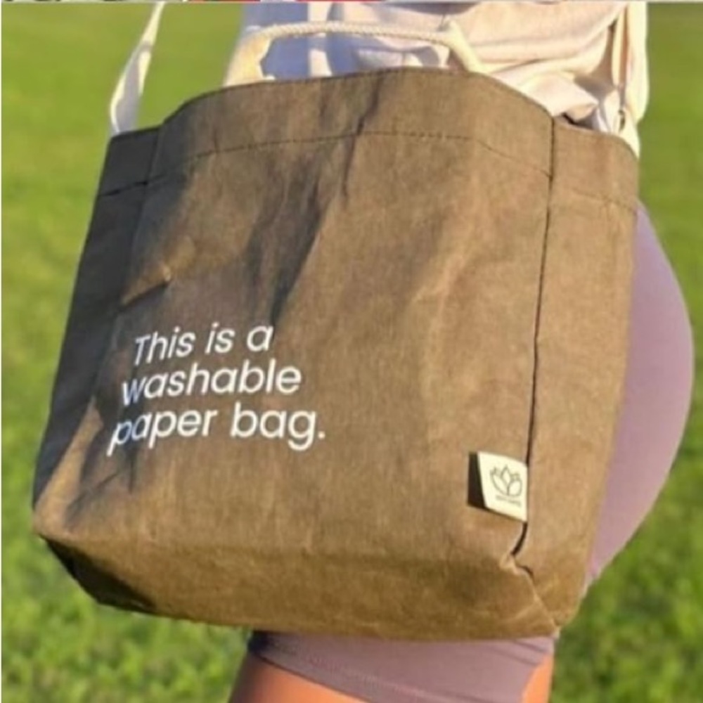 NEW “This is a Washable Paper Bag” Eco Tote Bag Paper Reusable Olive Green - Picture 4 of 7